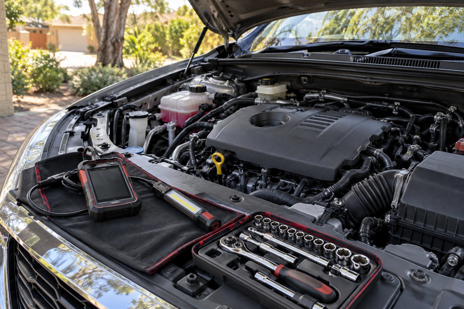 Diagnostic equipment arranged beside a car engine bay near Kelmscott WA